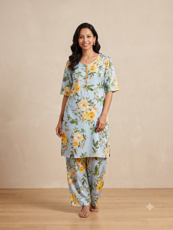 Elegant Light Blue Floral Print Satin 2-Piece Set | Soft Kurta & Matching Pants for Women | Comfortable Festive Ethnic Wear