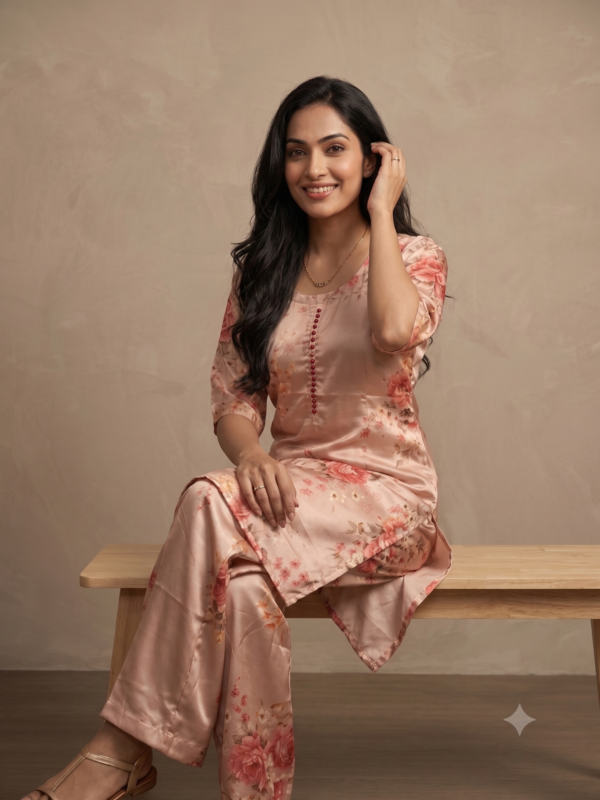 Elegant Caramel Floral Print Satin 2 Pc Set