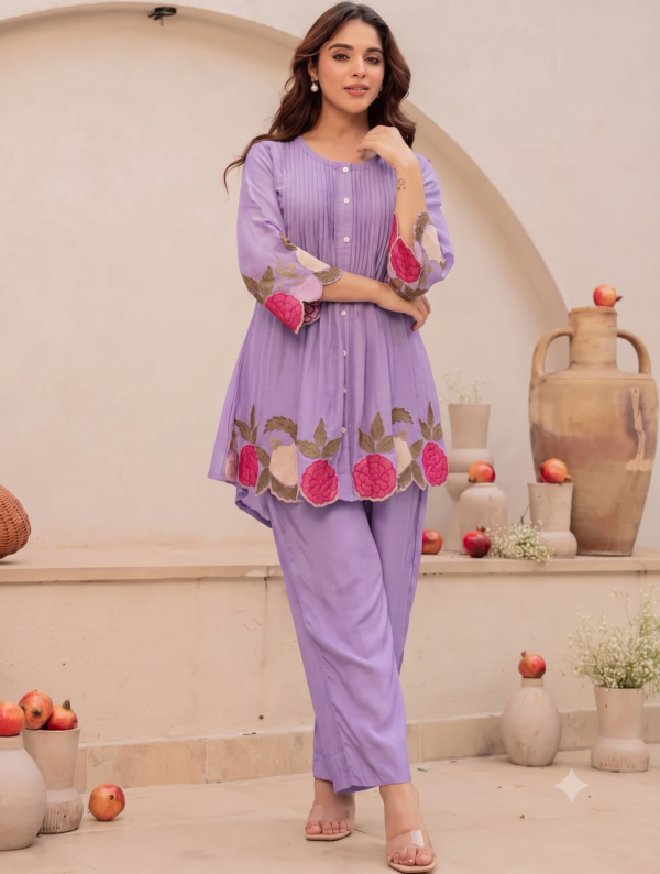 Lilac Pure Cotton Coord Set with Embroidered Details – Best breathable fabric