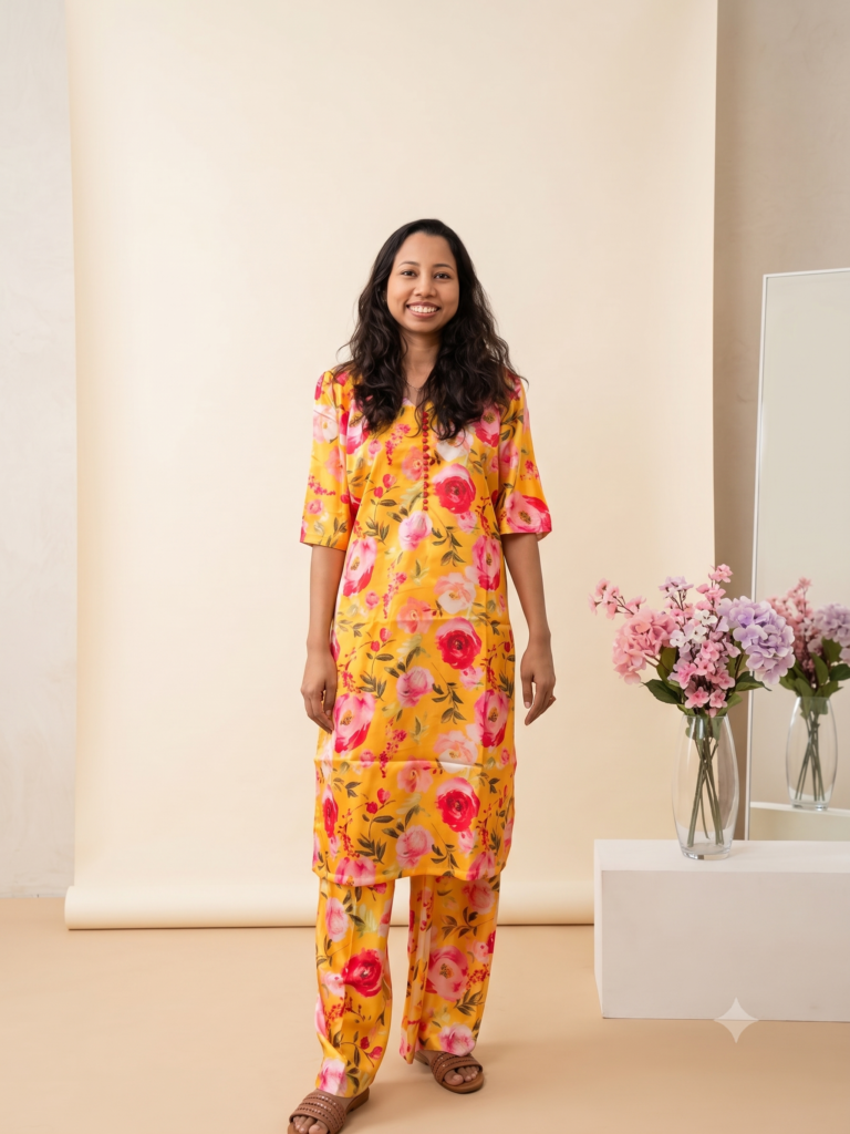 Mustard Yellow Floral Print Satin 2-piece Set