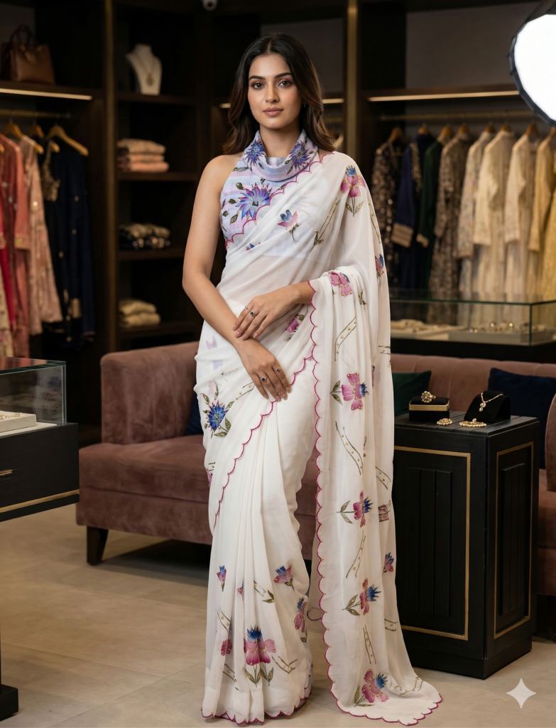 Pure Georgette White Saree with gold foil handwork