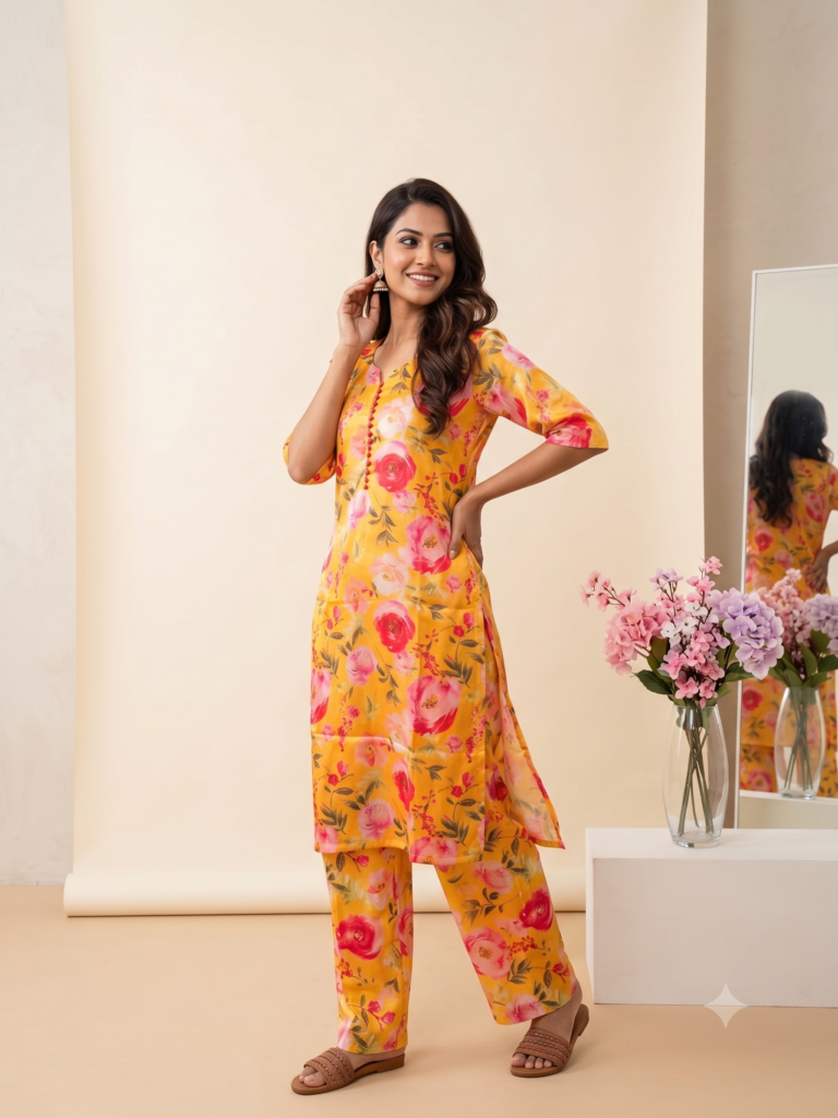 Mustard Yellow Floral Print Satin 2-piece Set