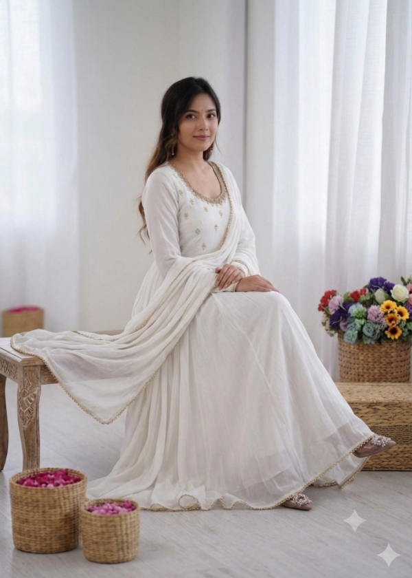 White Georgette Anarkali Suit – Graceful Flared Ensemble with Embroidery