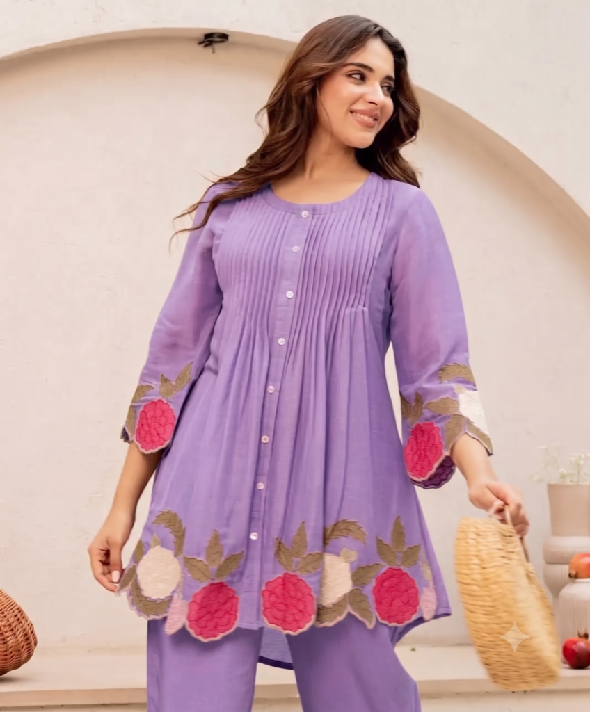 Lilac Pure Cotton Coord Set with Embroidered Details – Best breathable fabric
