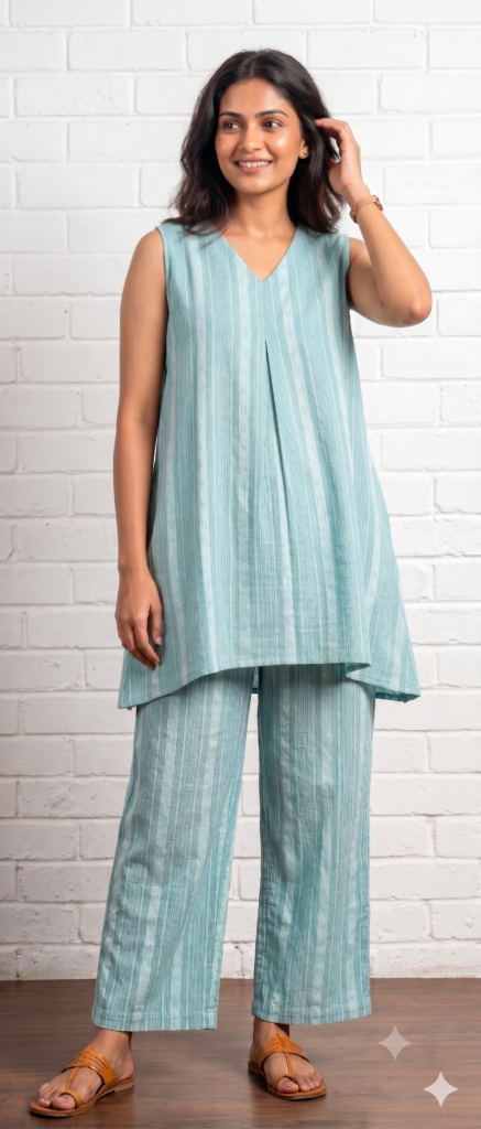 Blue Striped South Cotton Coord Set—smart office wear