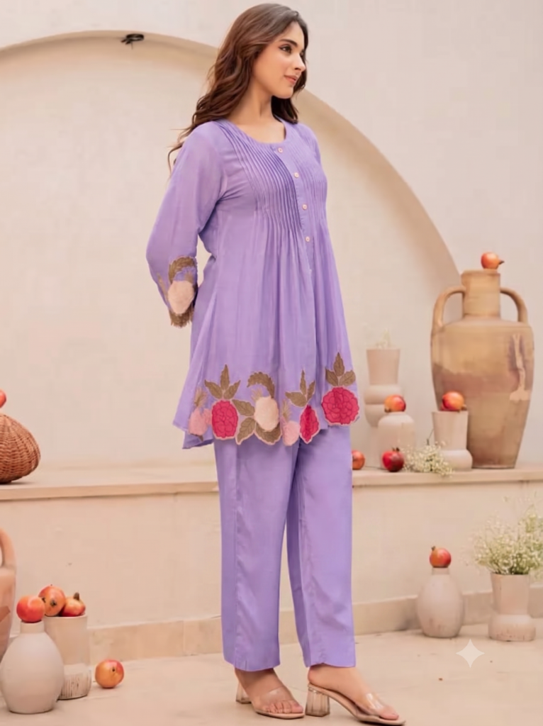 Lilac Pure Cotton Coord Set with Embroidered Details – Best breathable fabric