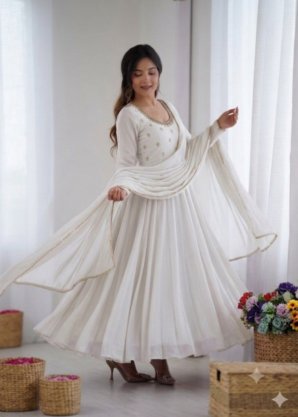 White Georgette Anarkali Suit – Graceful Flared Ensemble with Embroidery