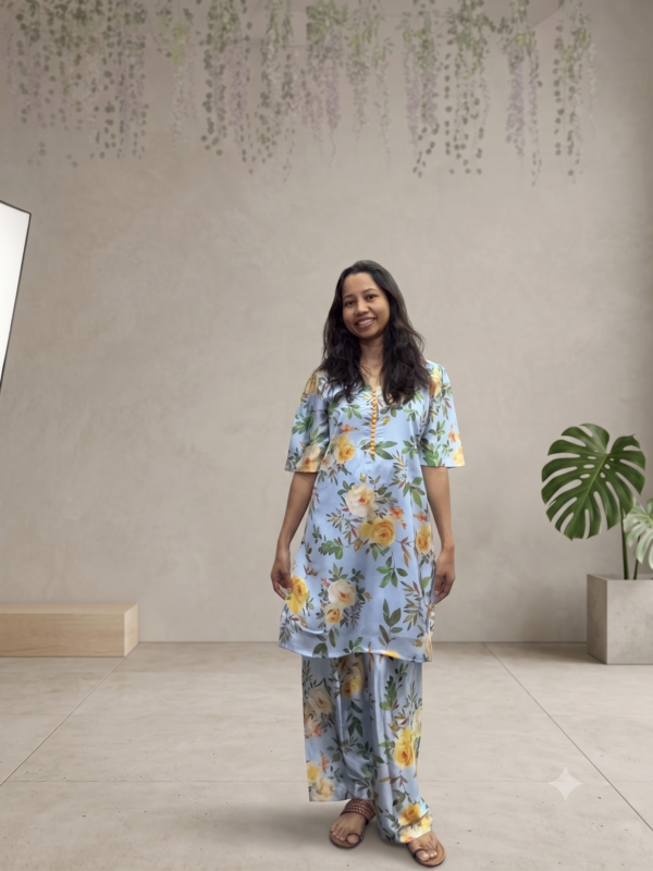 Elegant Light Blue Floral Print Satin 2-Piece Set | Soft Kurta & Matching Pants for Women | Comfortable Festive Ethnic Wear