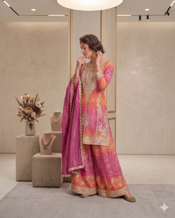 Bandhani Palazzo Set with Embroidery Coding in Chinon Fabric | Pink Orange Embroidered 3pc Suit for Women