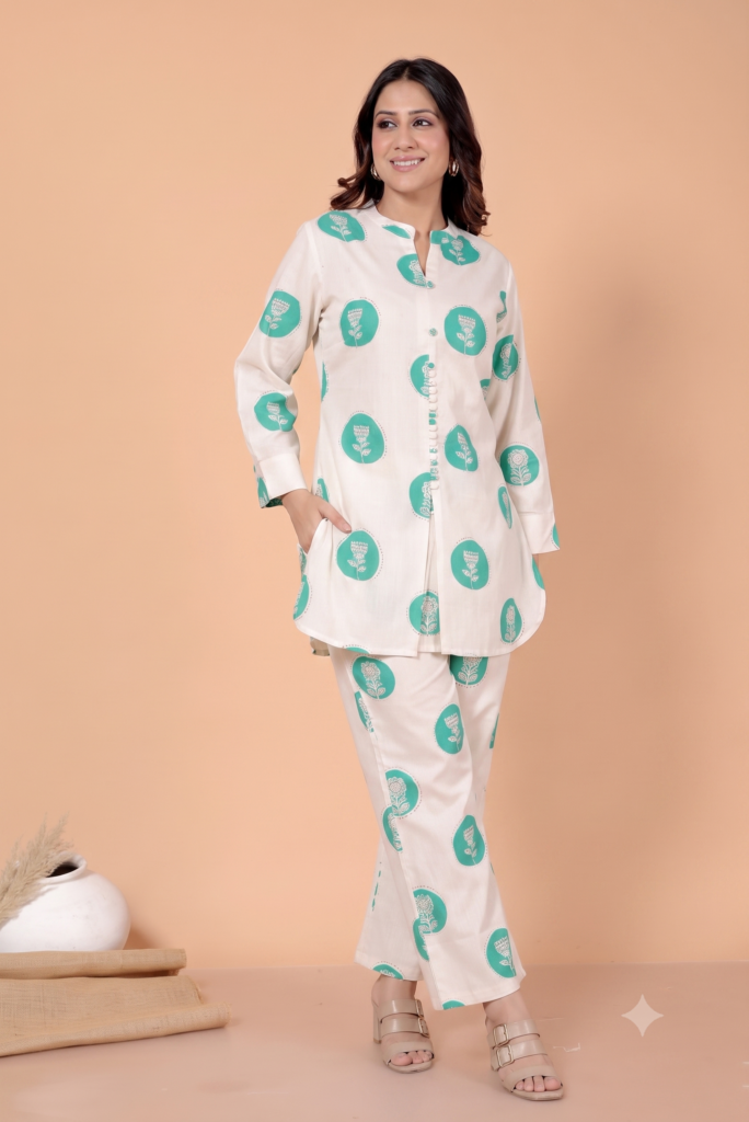 Cream & Teal Floral Print Coord Set – Smart Office Wear for Dubai Summers