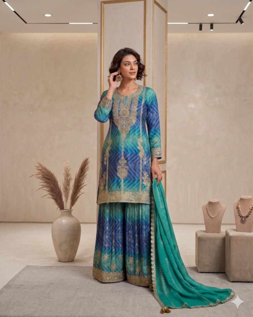 Bandhani Palazzo Set with Embroidery Coding in Chinon Fabric | Blue Teal Embroidered 3pc Suit for Women