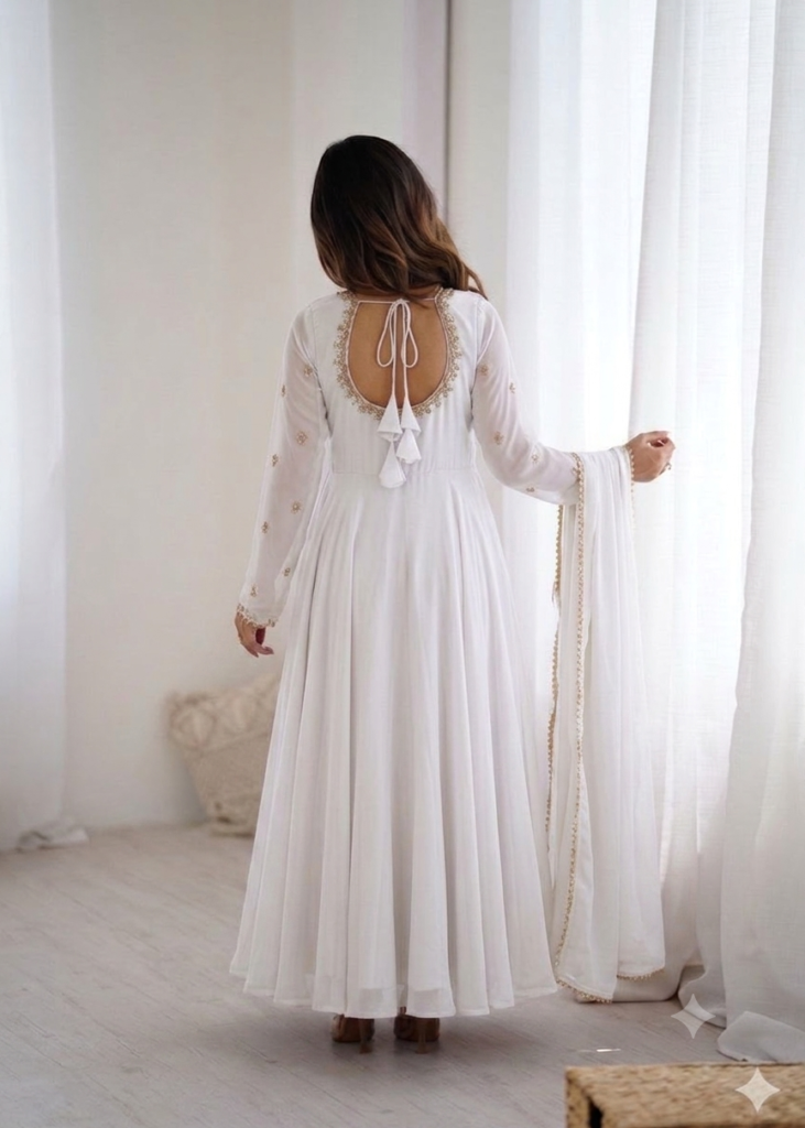 White Georgette Anarkali Suit – Graceful Flared Ensemble with Embroidery