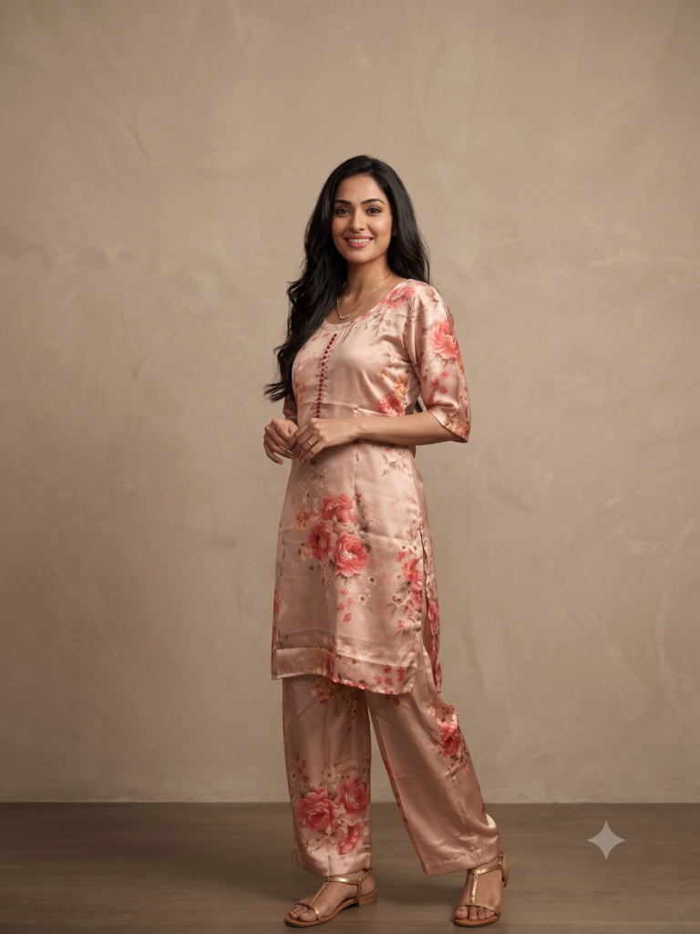 Elegant Caramel Floral Print Satin 2 Pc Set