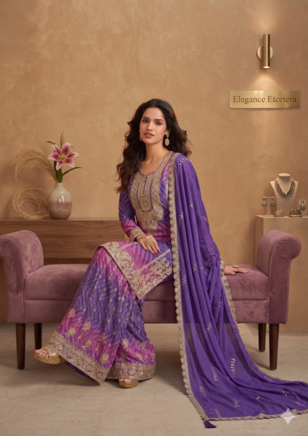 Bandhani Palazzo Set with Embroidery Coding in Chinon Fabric | Purple Magenta Embroidered 3pc Suit for Women