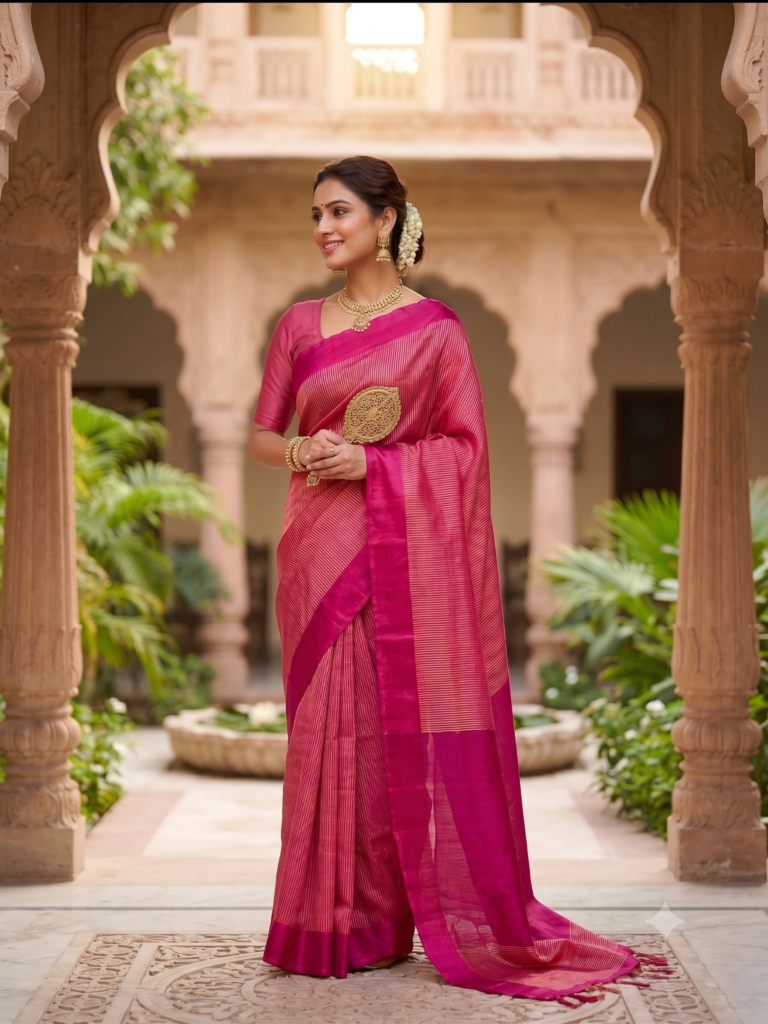 Pink Pure Tissue Silk Saree with Subtle Golden Stripes & Satin Border