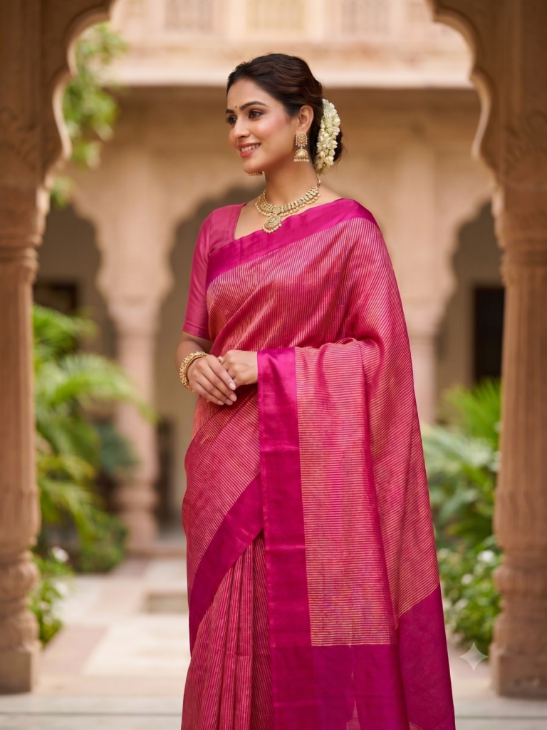 Pink Pure Tissue Silk Saree with Subtle Golden Stripes & Satin Border