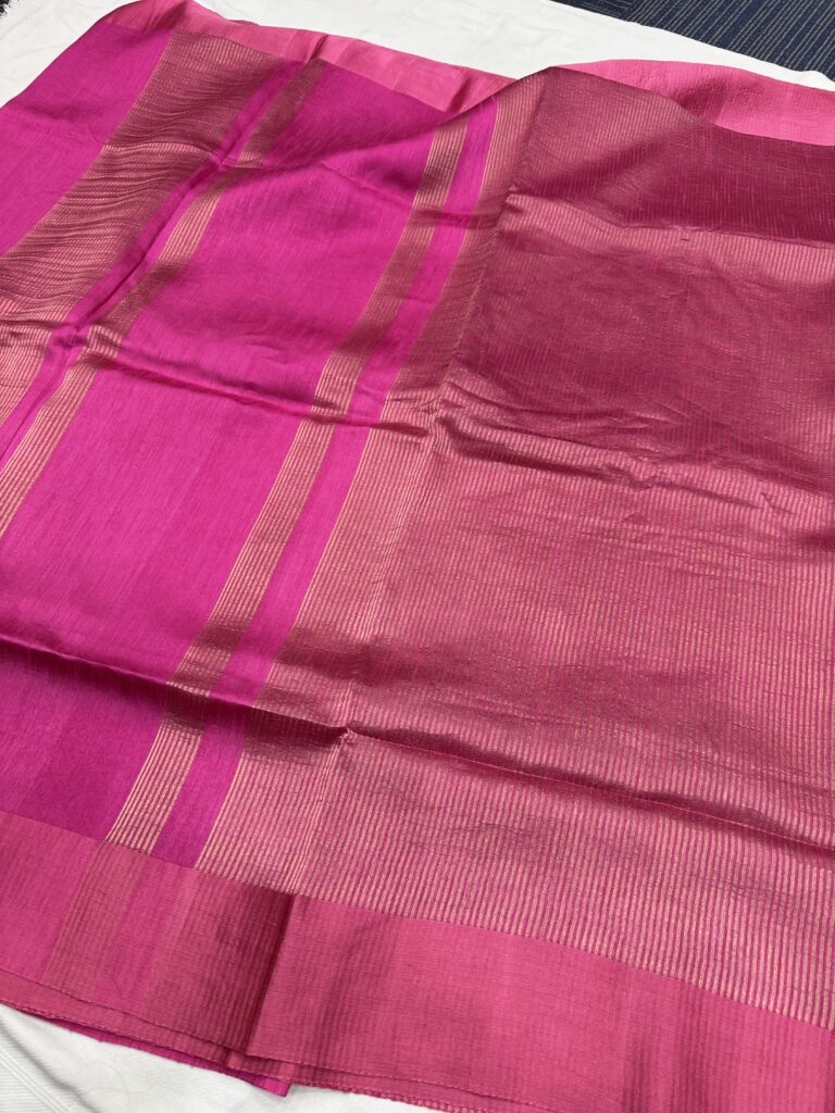 Pink Pure Tissue Silk Saree with Subtle Golden Stripes & Satin Border