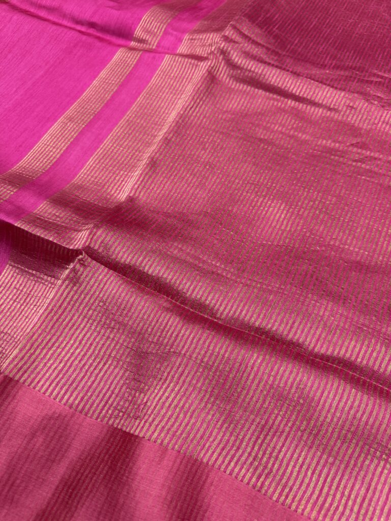 Pink Pure Tissue Silk Saree with Subtle Golden Stripes & Satin Border