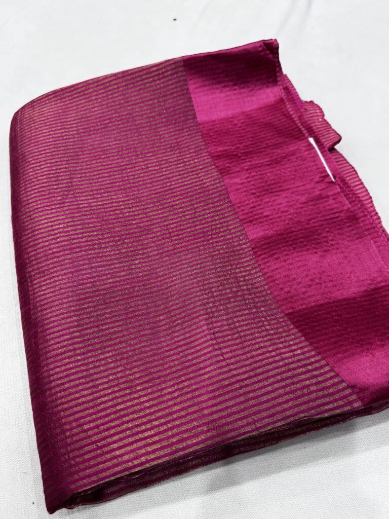 Pink Pure Tissue Silk Saree with Subtle Golden Stripes & Satin Border