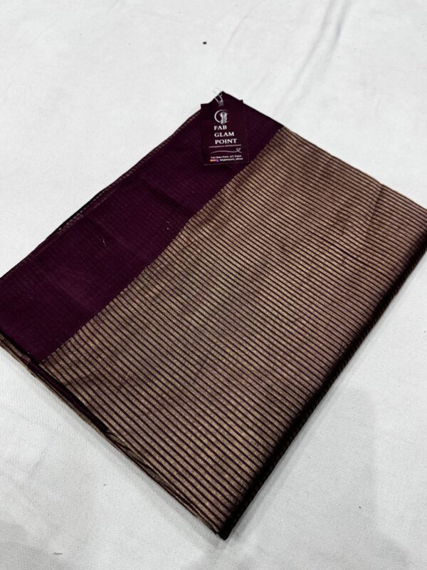 Deep Burgundy Pure Tissue Silk Saree with Subtle Golden Stripes & Satin Border