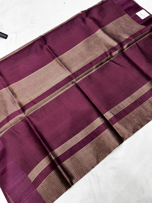 Deep Burgundy Pure Tissue Silk Saree with Subtle Golden Stripes & Satin Border
