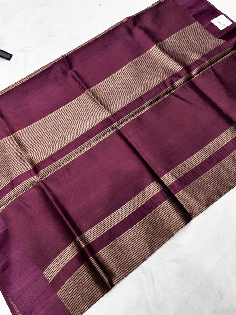 Deep Burgundy Pure Tissue Silk Saree with Subtle Golden Stripes & Satin Border
