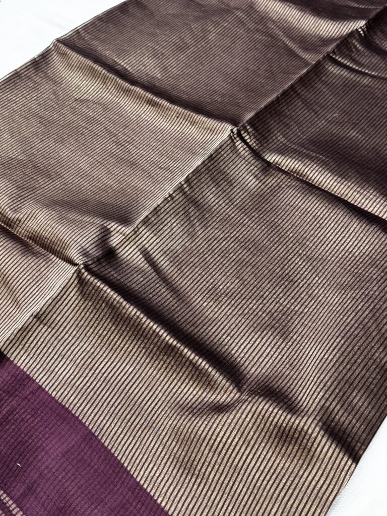 Deep Burgundy Pure Tissue Silk Saree with Subtle Golden Stripes & Satin Border