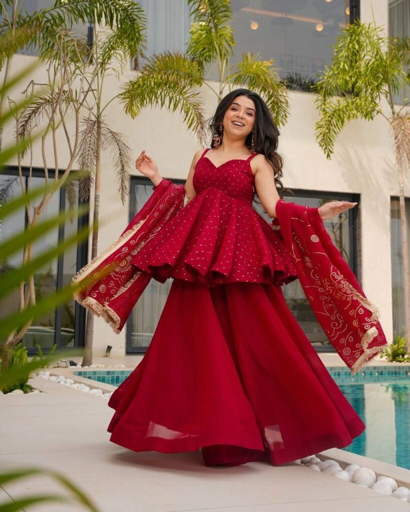 Elegant Red Sharara Set with Peplum Top and Embroidered Dupatta