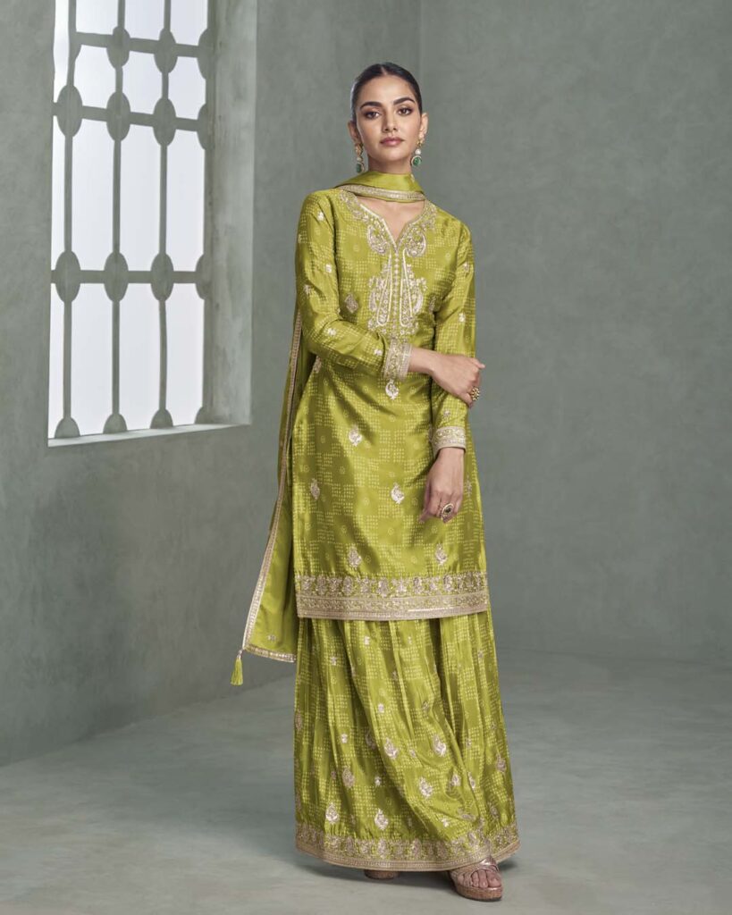Lime Green Palazzo Set with Embroidery Coding in Chinon Fabric | Embroidered 3pc Suit for Women
