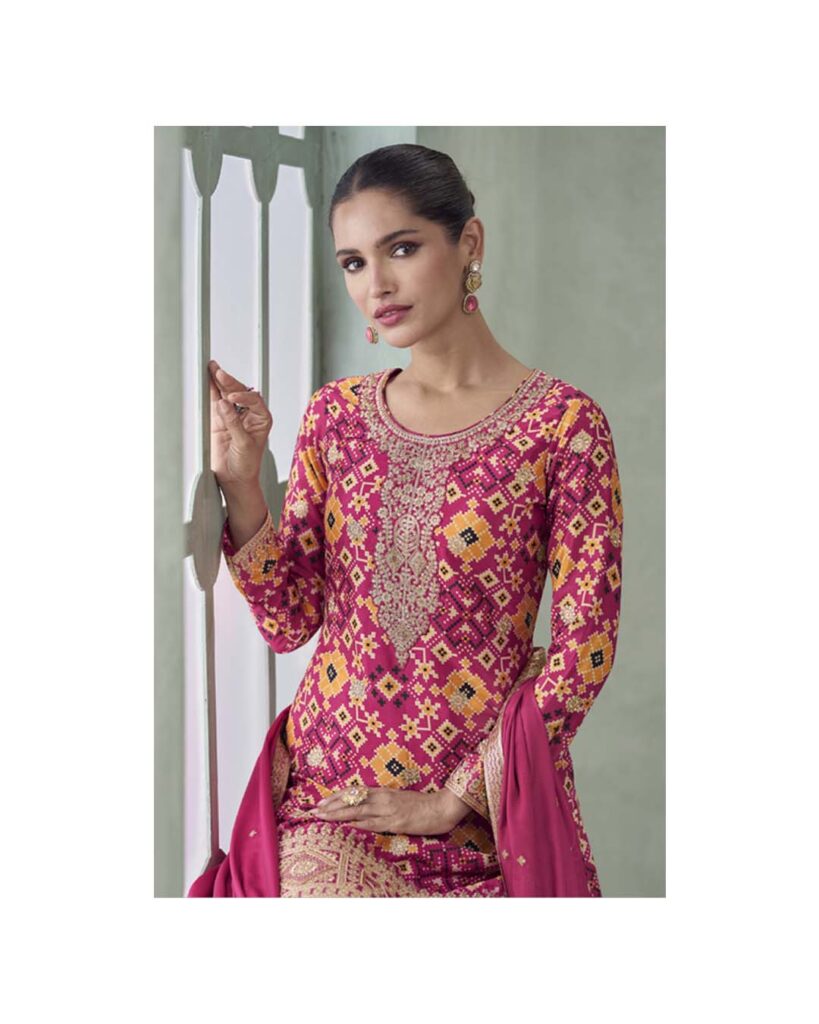 Patola Print Magenta Palazzo Set with Embroidery | Embroidered 3pc Suit for Women