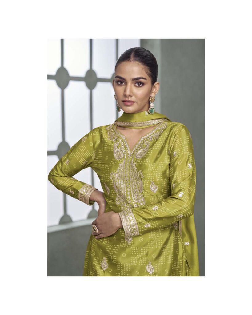 Lime Green Palazzo Set with Embroidery Coding in Chinon Fabric | Embroidered 3pc Suit for Women