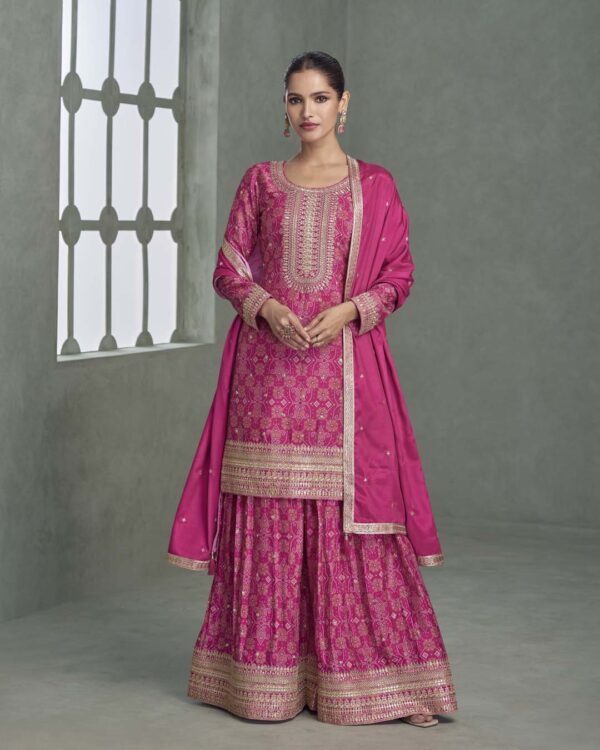 Bandhani Print Palazzo Set with Embroidery | Pink Embroidered 3pc Suit for Women