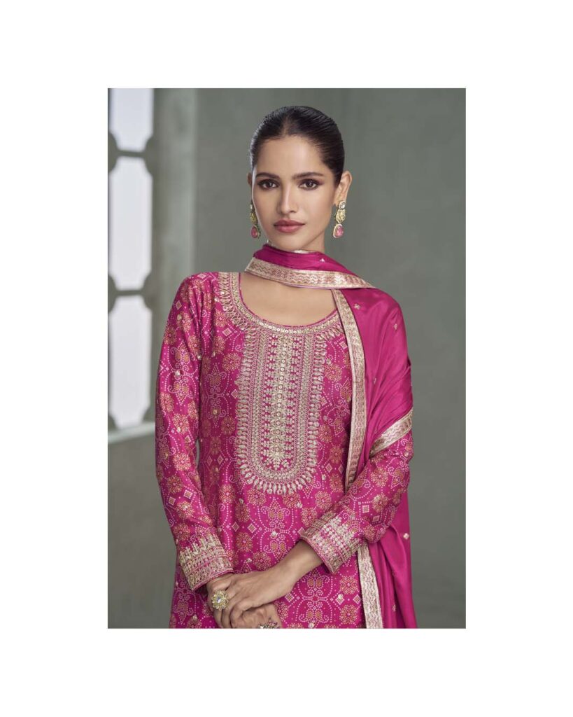 Bandhani Print Palazzo Set with Embroidery | Pink Embroidered 3pc Suit for Women