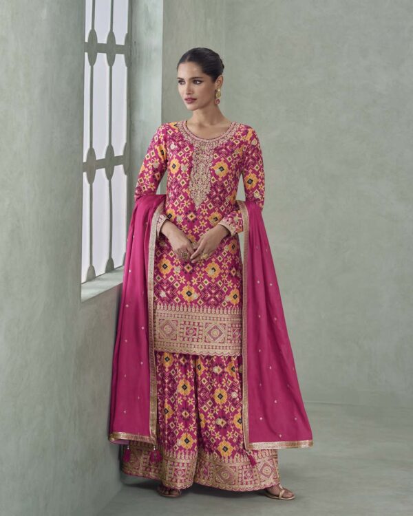 Patola Print Magenta Palazzo Set with Embroidery | Embroidered 3pc Suit for Women