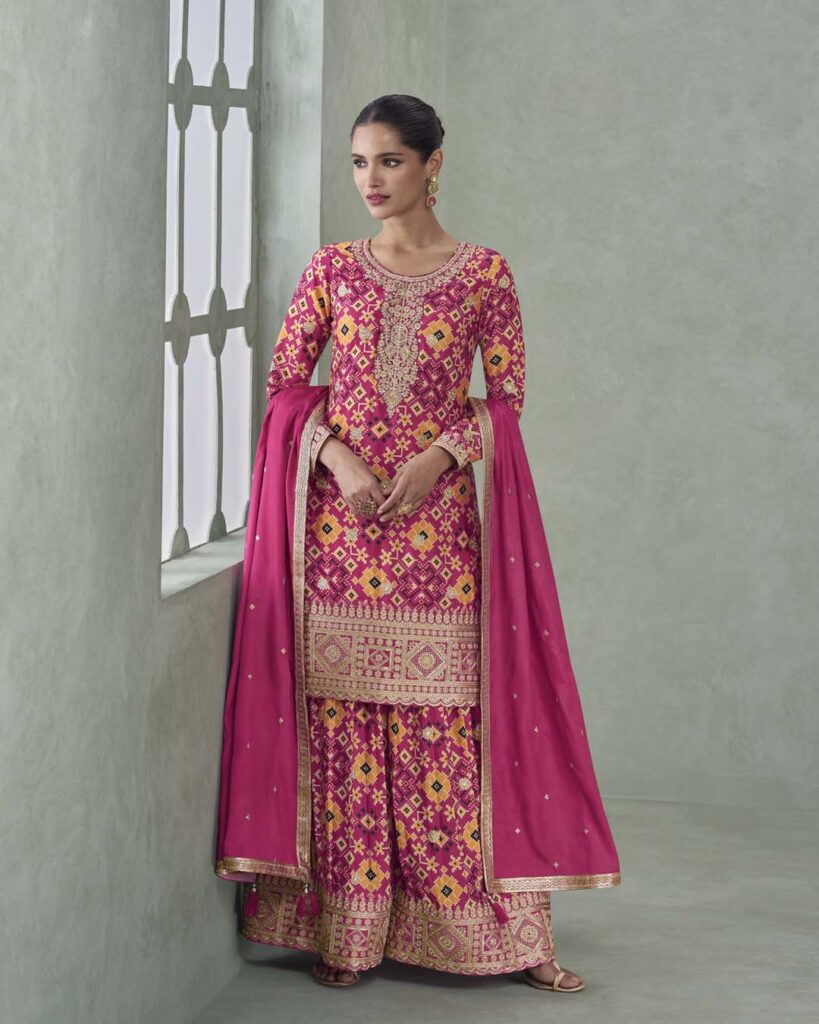 Patola Print Magenta Palazzo Set with Embroidery | Embroidered 3pc Suit for Women