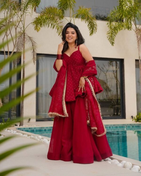 Elegant Red Sharara Set with Peplum Top and Embroidered Dupatta