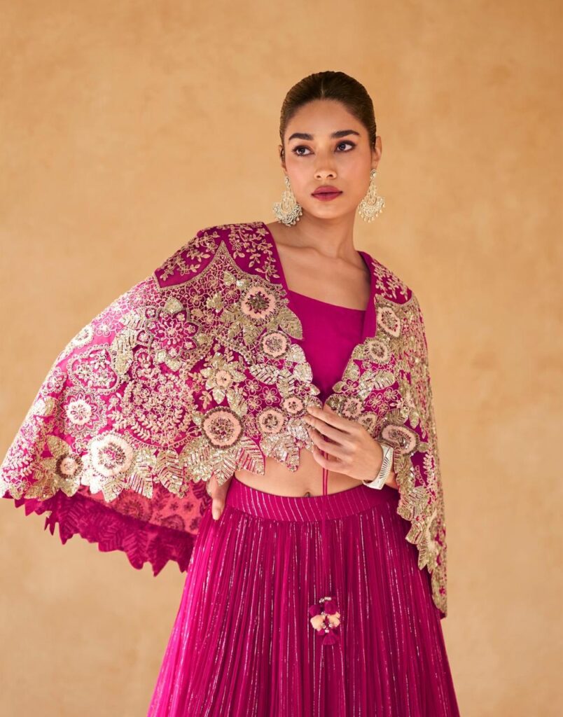 Magenta Indo Western Crop Top with Embroidered Cape & Pleated Skirt Set