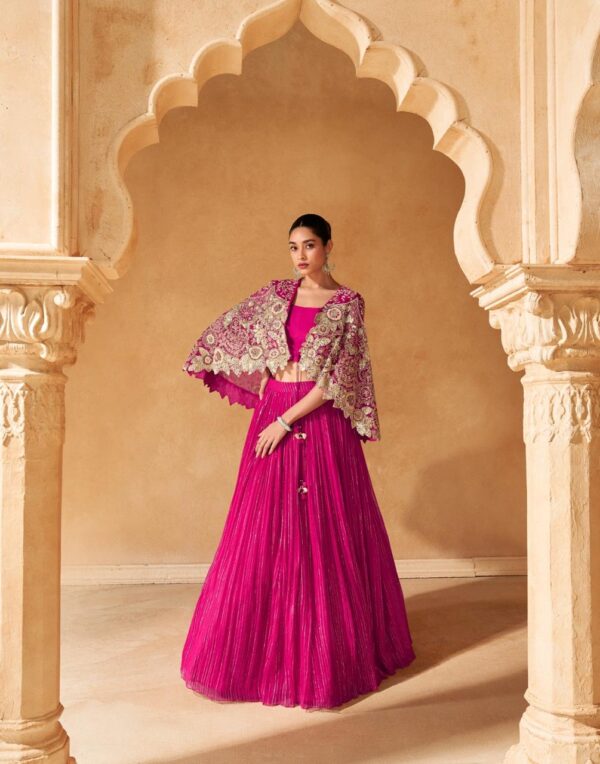 Magenta Indo Western Crop Top with Embroidered Cape & Pleated Skirt Set
