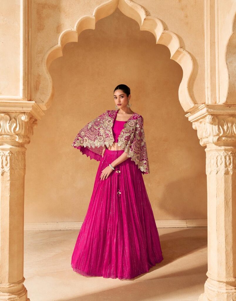 Magenta Indo Western Crop Top with Embroidered Cape & Pleated Skirt Set