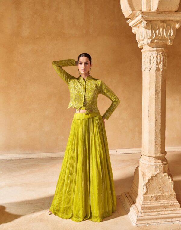 Lime Green Indo Western Crop Top Set with Embroidered Short Shrug