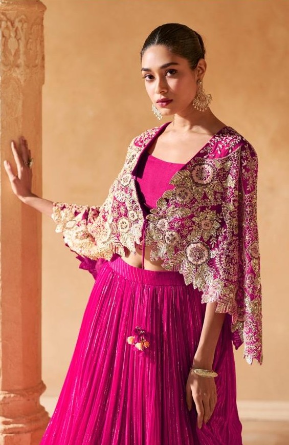 Magenta Indo Western Crop Top with Embroidered Cape & Pleated Skirt Set