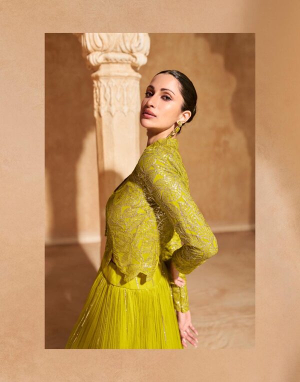 Lime Green Indo Western Crop Top Set with Embroidered Short Shrug