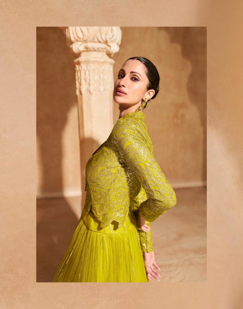 Lime Green Indo Western Crop Top Set with Embroidered Short Shrug