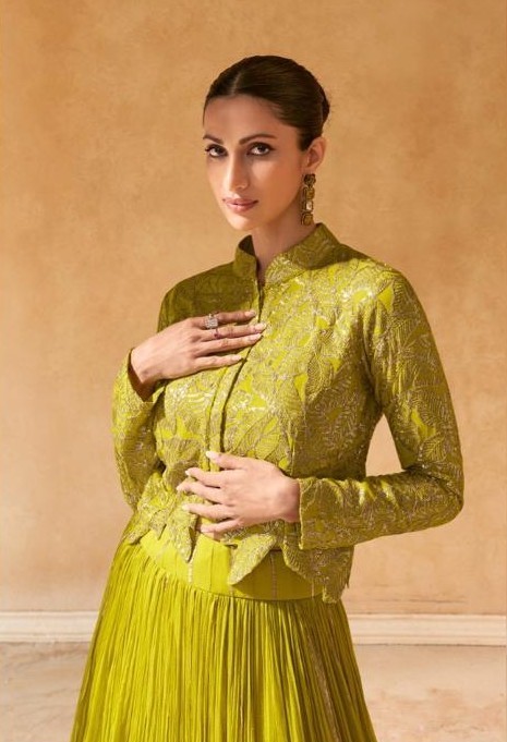 Lime Green Indo Western Crop Top Set with Embroidered Short Shrug