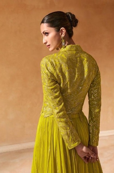 Lime Green Indo Western Crop Top Set with Embroidered Short Shrug