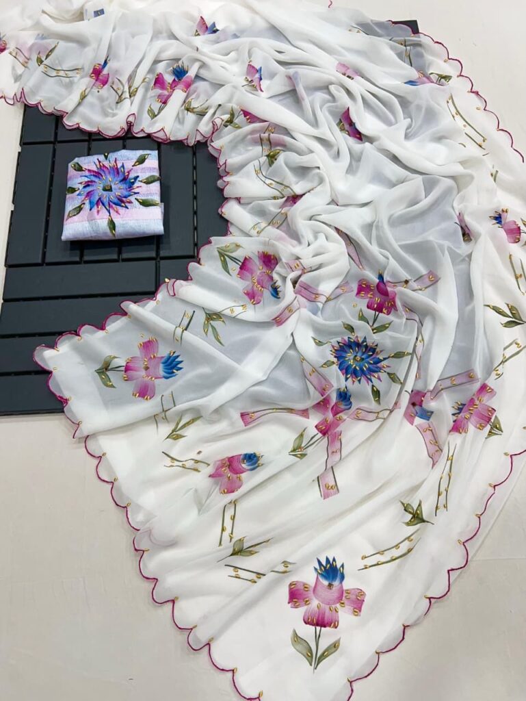 Pure Georgette White Saree with gold foil handwork
