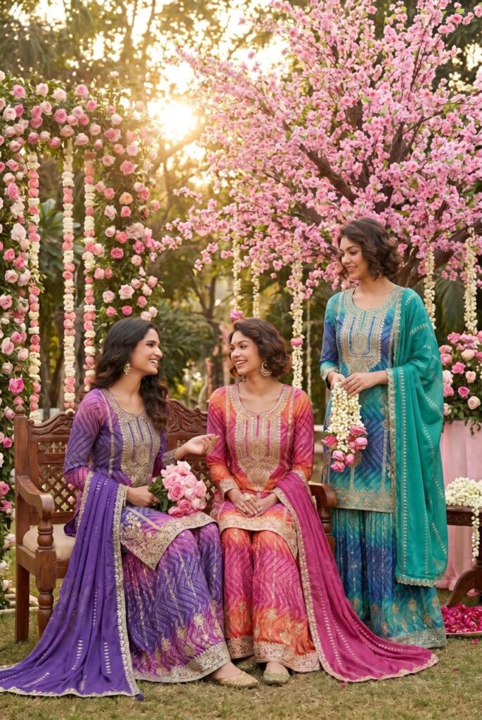 Bandhani Palazzo Set with Embroidery Coding in Chinon Fabric | Blue Teal Embroidered 3pc Suit for Women
