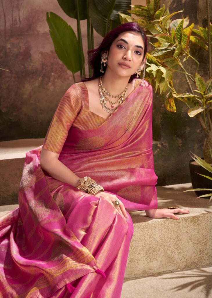 Vibrant Pink Tissue Silk Saree with Gold Zari Weave