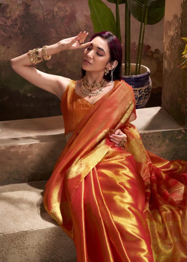 Rust Orange Tissue Silk Saree with Golden Floral Patterns