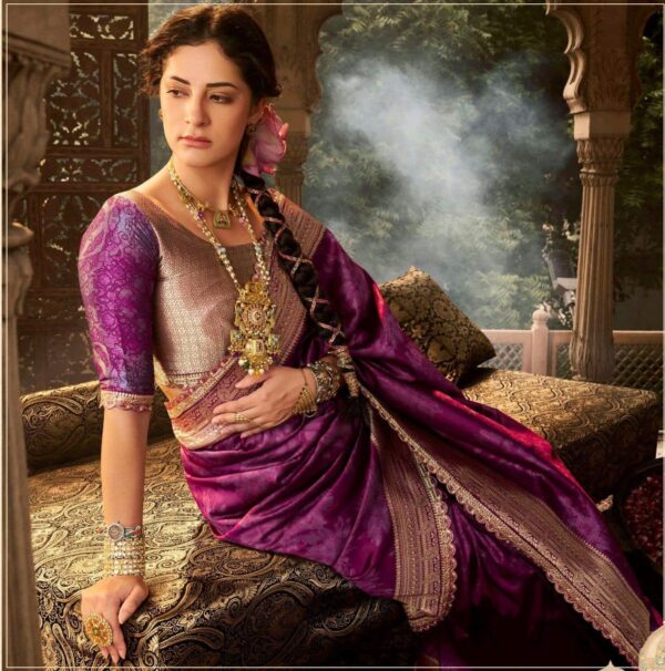 Royal Purple Banarasi Silk Jacquard Saree with Lace Border & Heavy Pallu